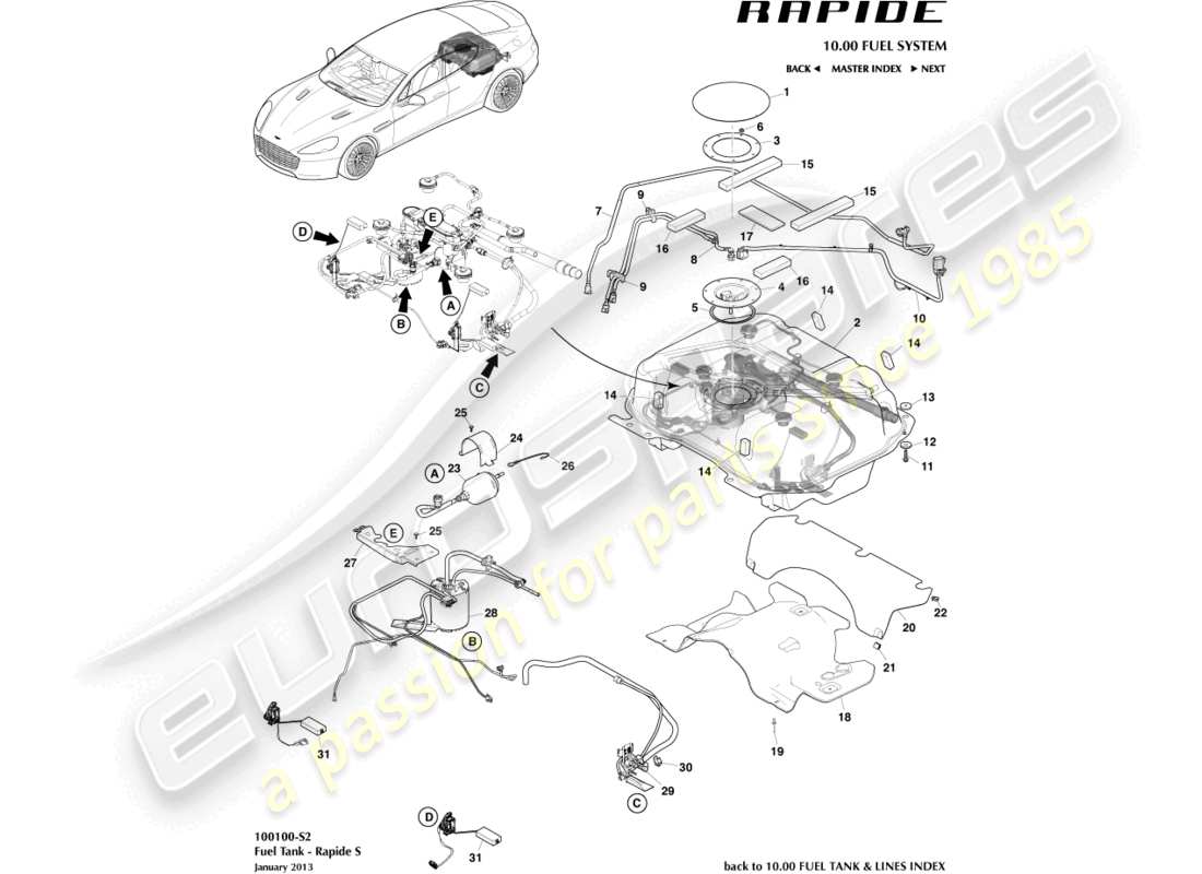 aston martin rapide (2014) fuel tank assy, s part diagram