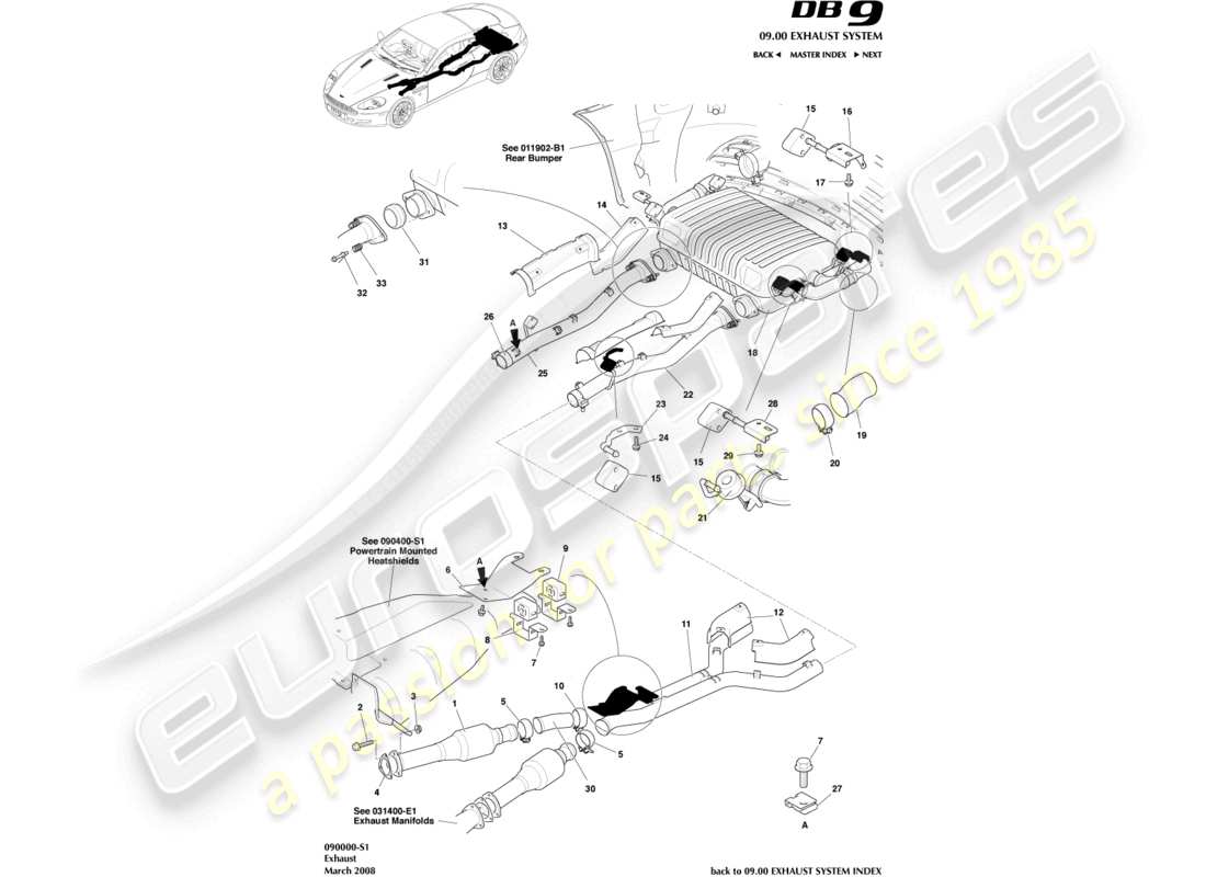 aston martin db9 (2007) exhaust system part diagram