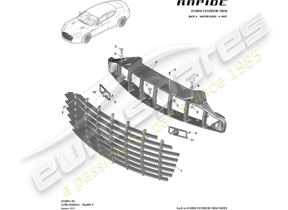 aston martin rapide (2017) radiator grille, s part diagram