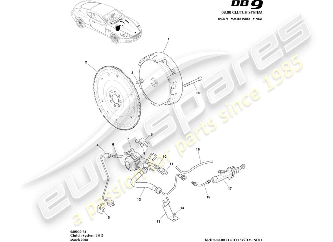 aston martin db9 (2007) clutch system, lhd parts diagram