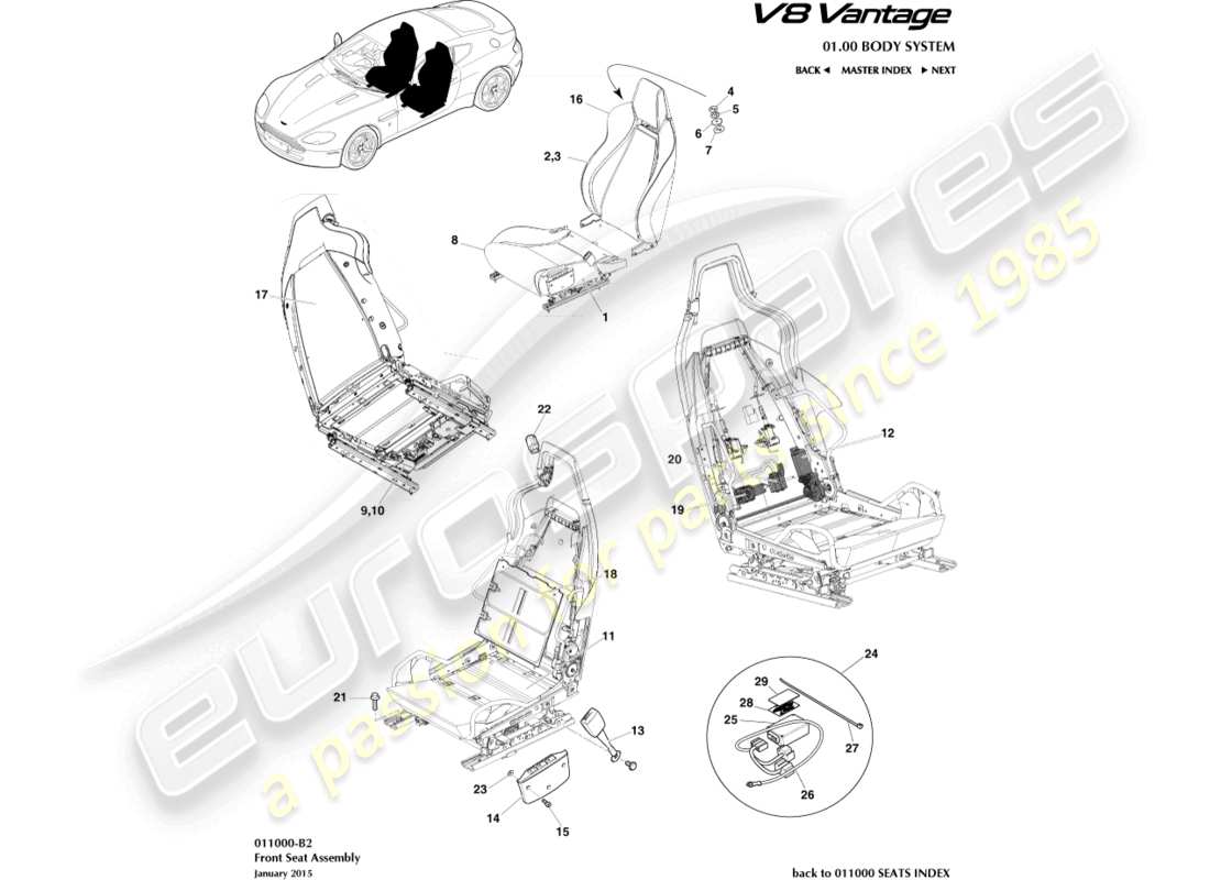aston martin v8 vantage (2014) front seat part diagram