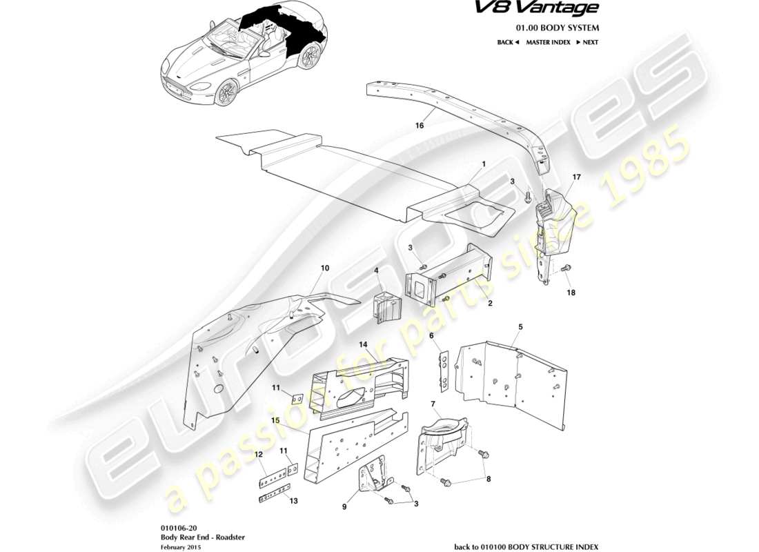 aston martin v8 vantage (2014) body rear end, roadster part diagram