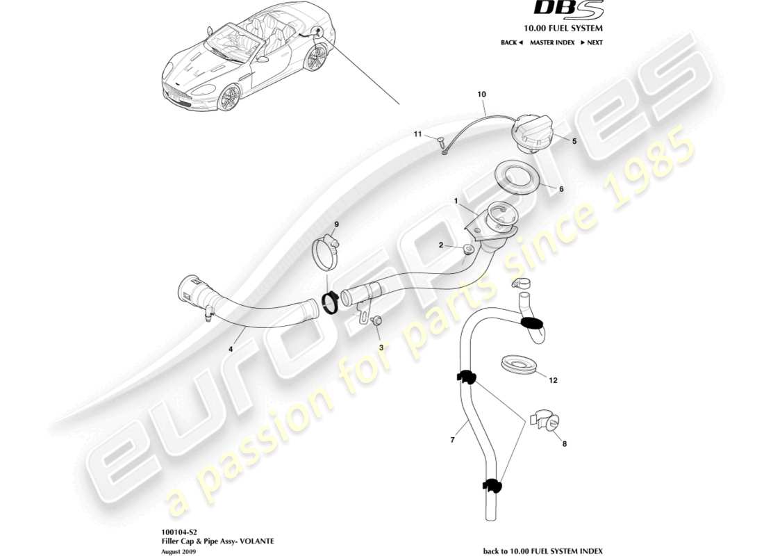 aston martin dbs (2007) fuel filler cap & pipe, volante parts diagram