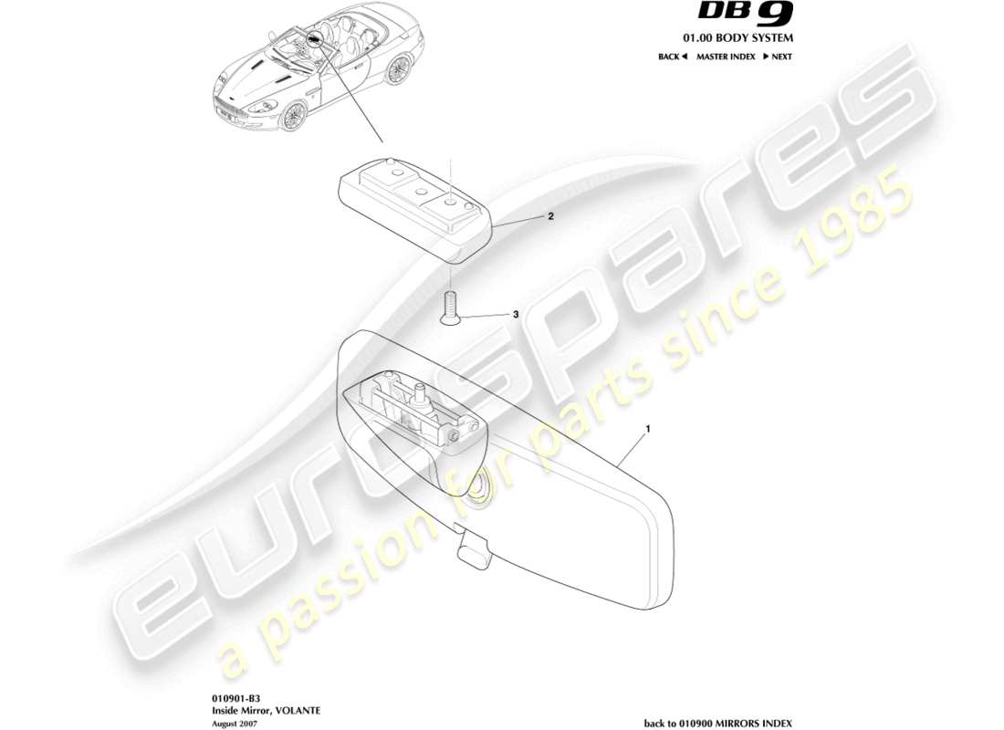 aston martin db9 (2009) interior mirror, volante parts diagram
