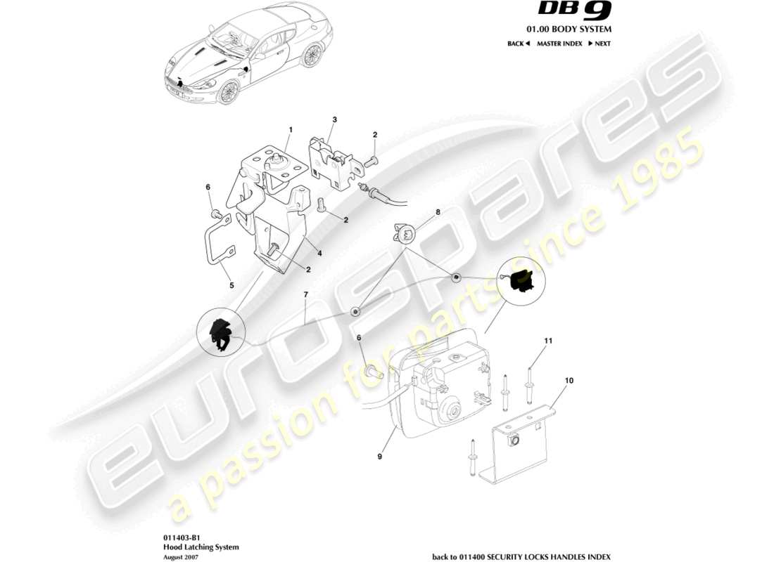 aston martin db9 (2011) hood latch system parts diagram