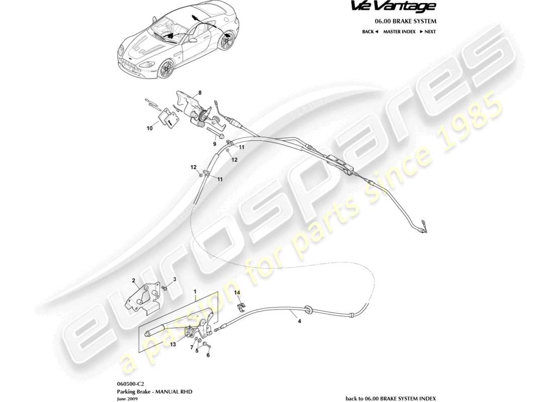 aston martin v12 vantage (2011) parking brake, rhd part diagram