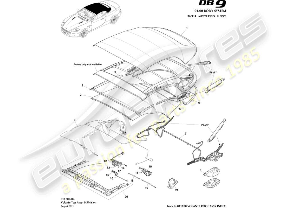 aston martin db9 (2007) volante roof assembly, 9.5my on part diagram