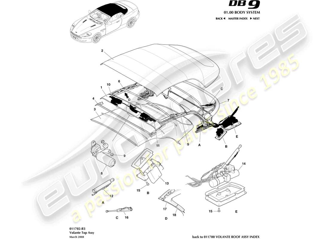 aston martin db9 (2007) volante roof assembly part diagram