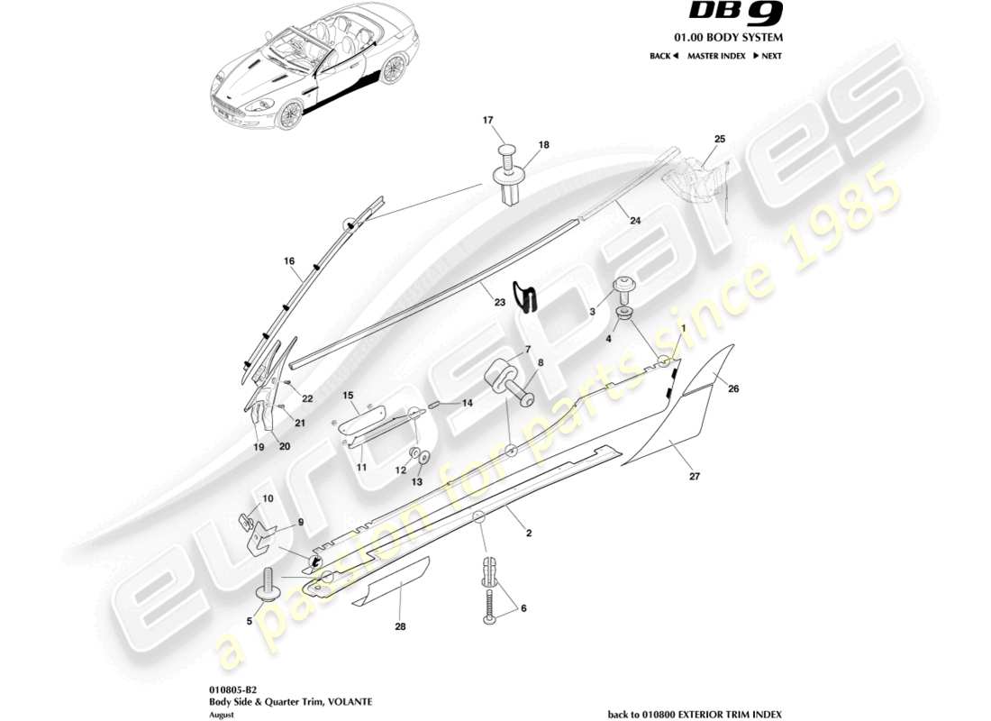 aston martin db9 (2009) bodyside & quarter trim, volante parts diagram