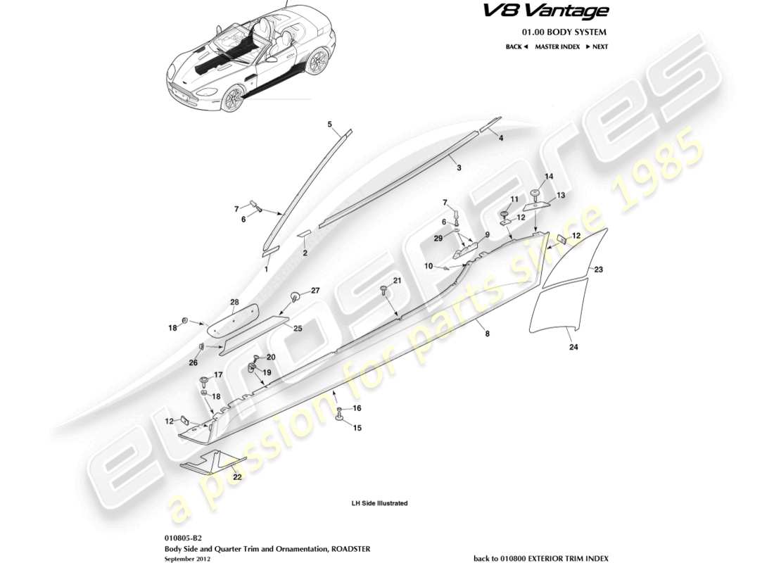 aston martin v8 vantage (2012) bodyside & quarter trim, roadster part diagram