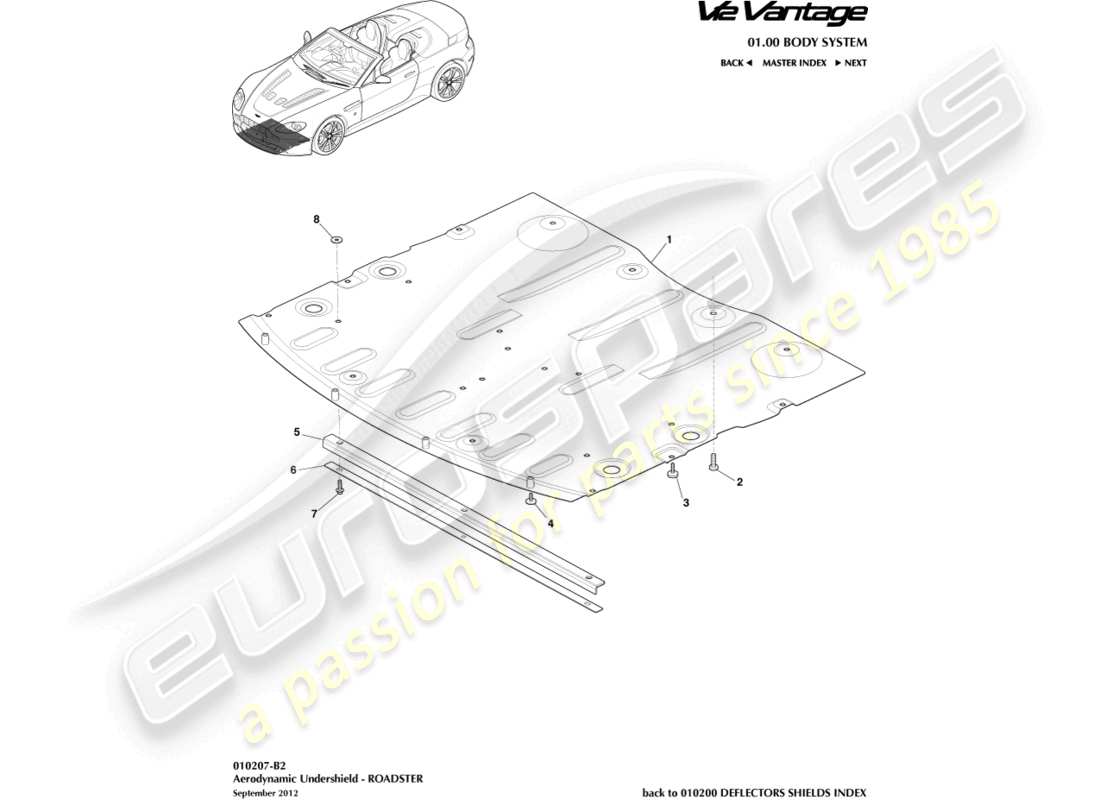 aston martin v12 vantage (2011) front undershield, roadster part diagram