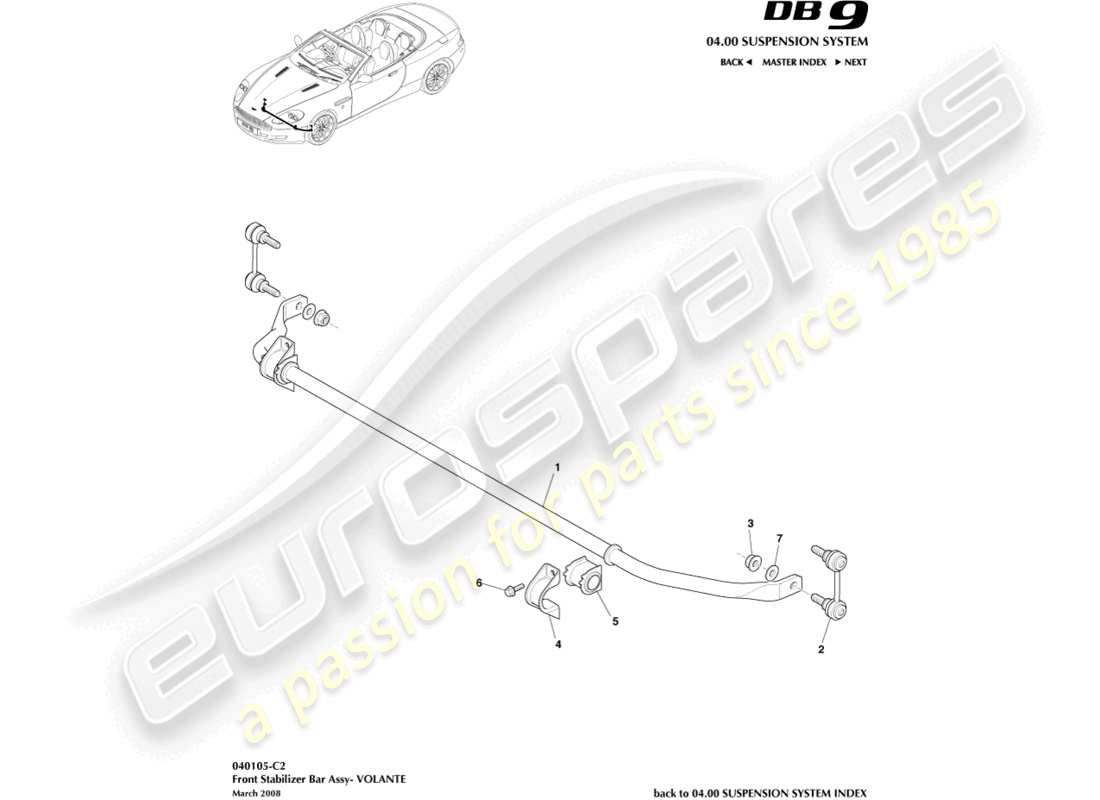 aston martin db9 (2009) front stabiliser bar, volante parts diagram