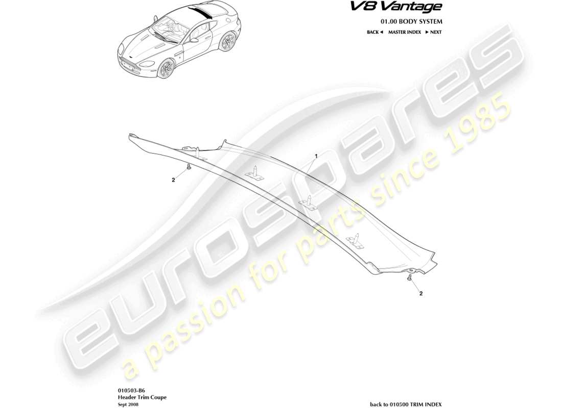 aston martin v8 vantage (2012) header trim, rear, coupe part diagram