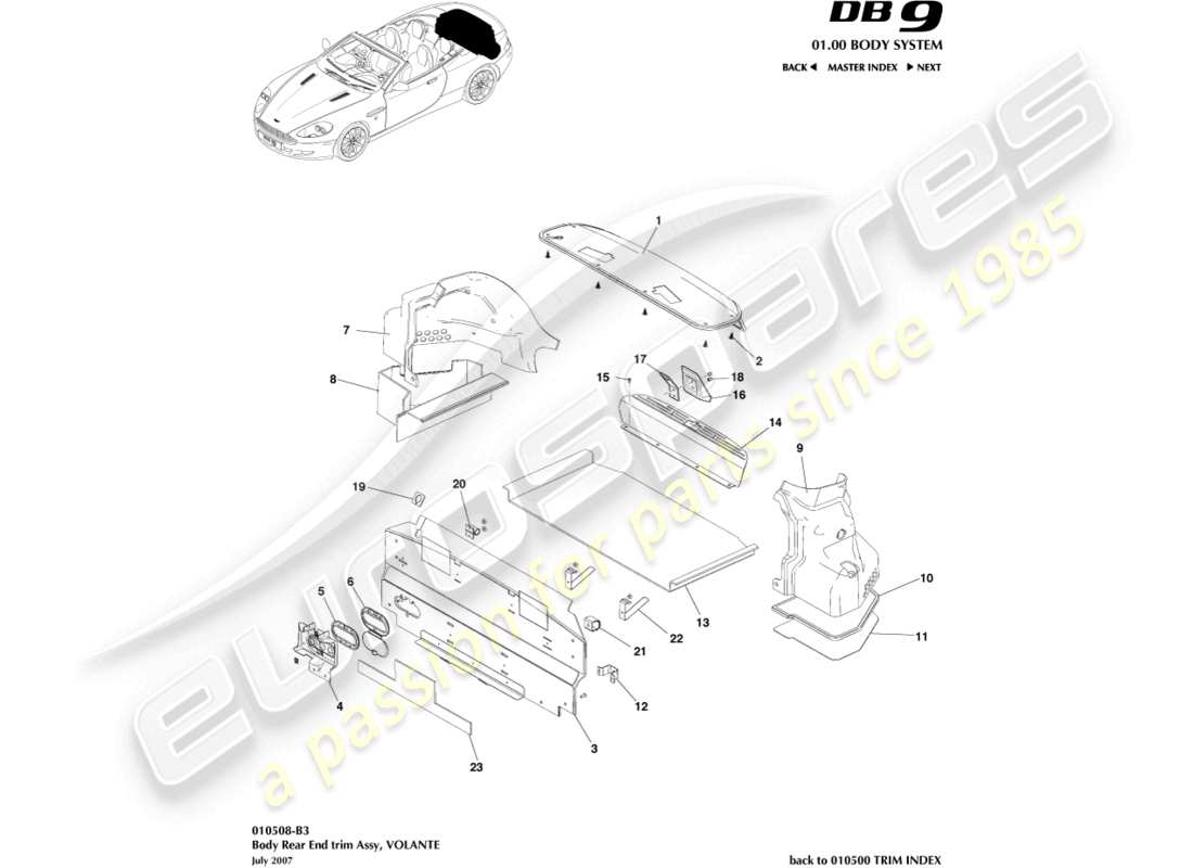 aston martin db9 (2010) rear end trim, volante parts diagram