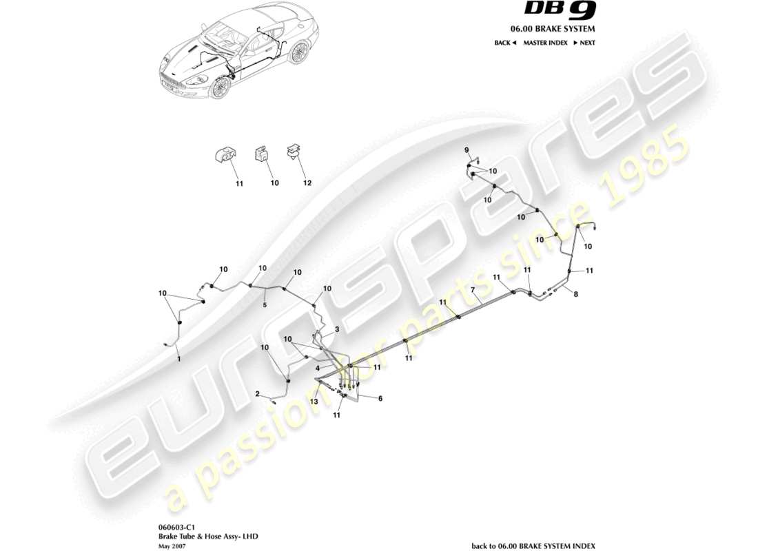 aston martin db9 (2011) brake lines & hoses, lhd parts diagram