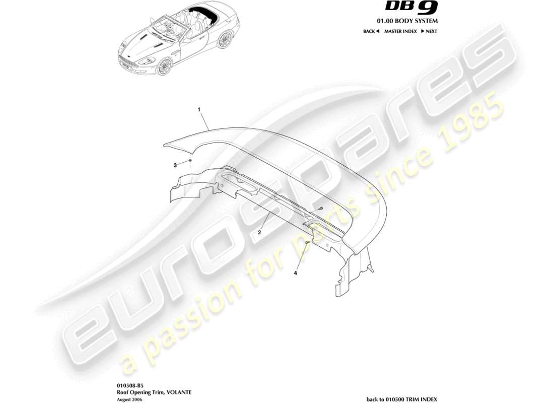 aston martin db9 (2009) roof opening trim parts diagram