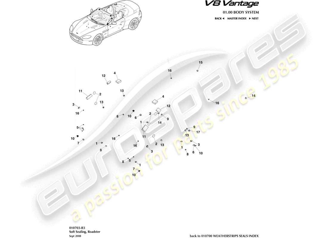 aston martin v8 vantage (2012) soft sealing, roadster part diagram