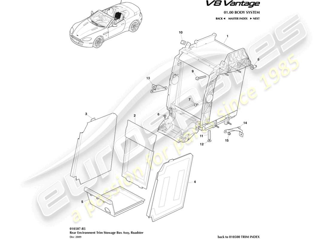 aston martin v8 vantage (2012) rear environment trim, roadster part diagram