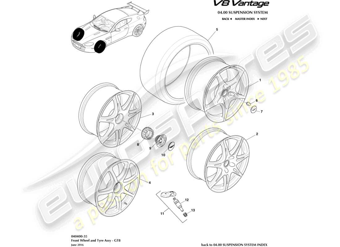 aston martin v8 vantage (2012) front wheels & tyres, gt8 part diagram
