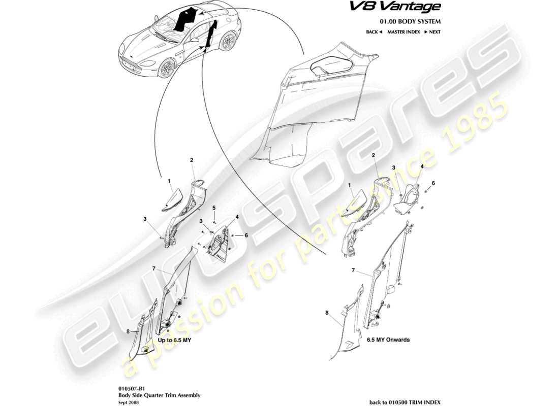 aston martin v8 vantage (2012) body side quarter trim, coupe part diagram