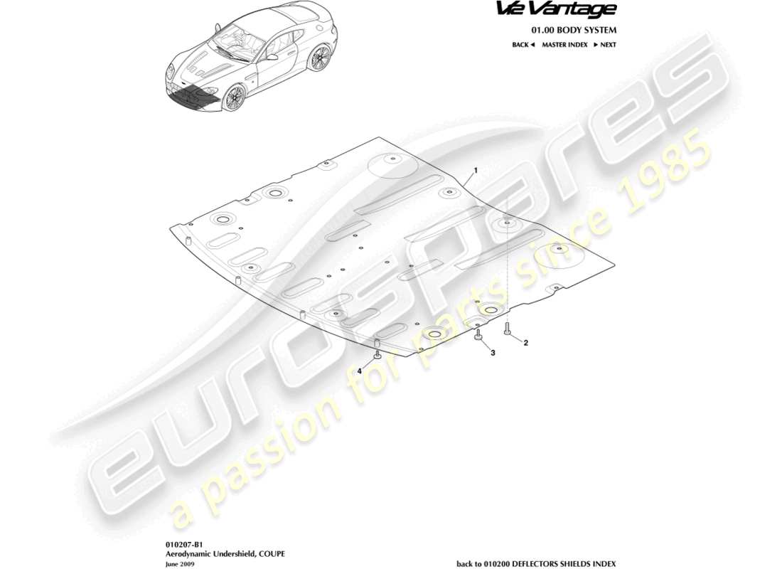 aston martin v12 vantage (2010) front undershield, coupe part diagram