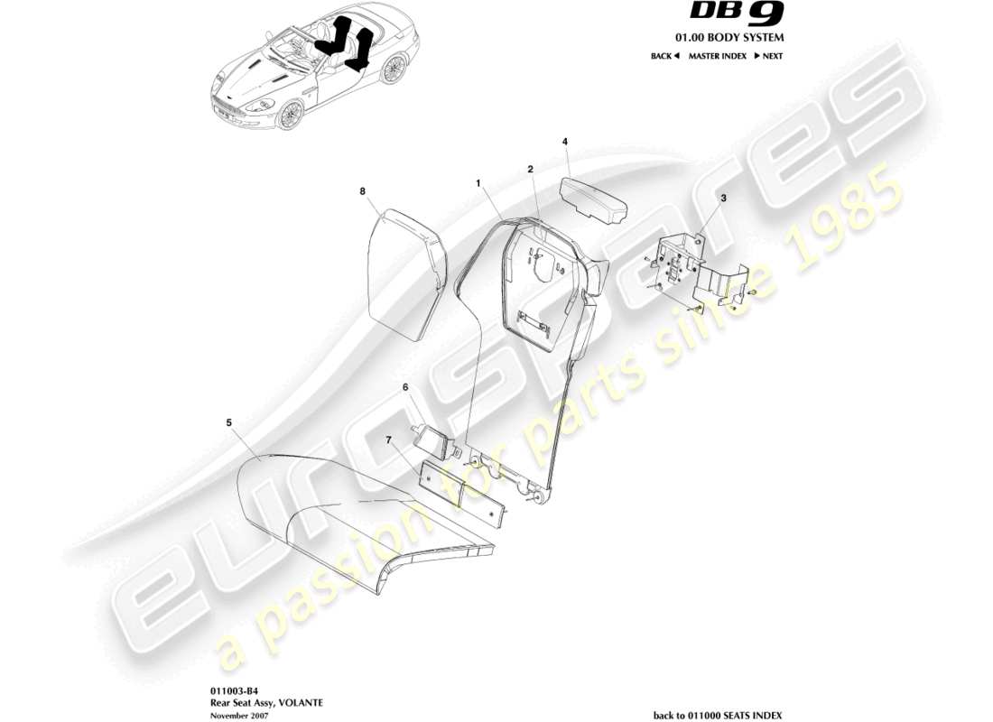 aston martin db9 (2009) rear seat, volante parts diagram