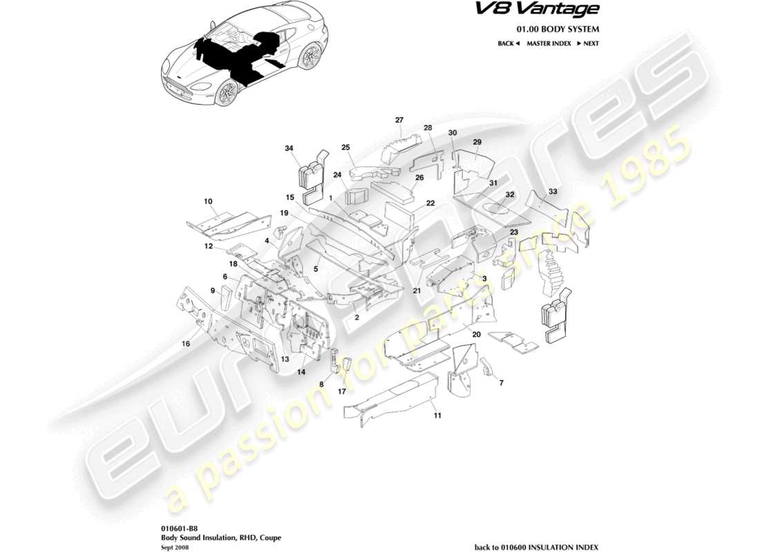 aston martin vantage gt8 (2017) body insulation, rhd part diagram