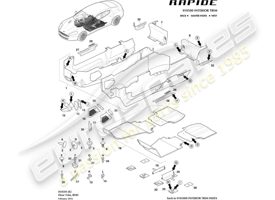 aston martin rapide (2012) main floor trim, rhd part diagram