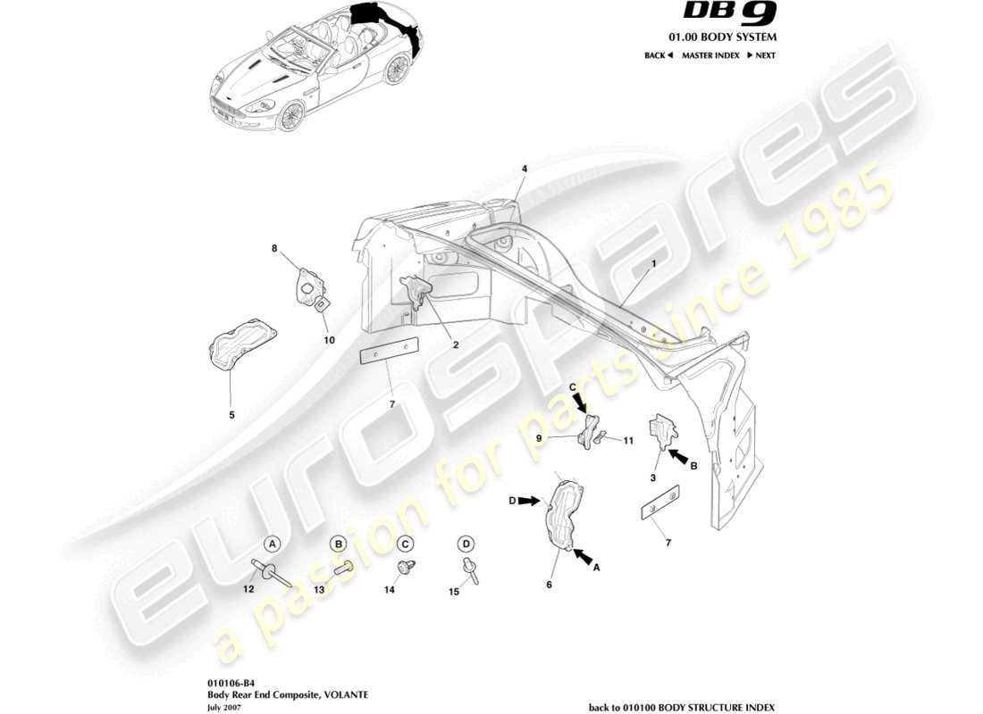 aston martin db9 (2007) body rear end composite, volante part diagram