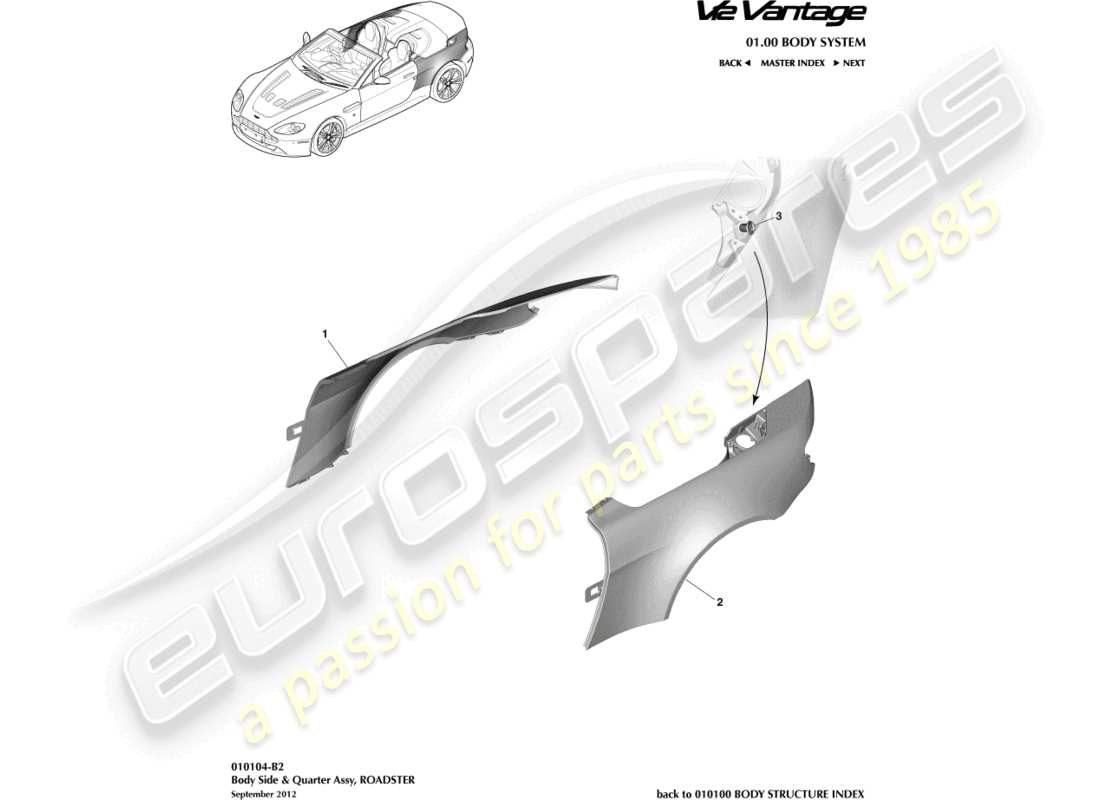 aston martin v12 vantage (2013) panel body side, roadster part diagram