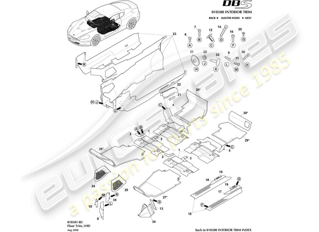 aston martin dbs (2007) floor trim, lhd parts diagram
