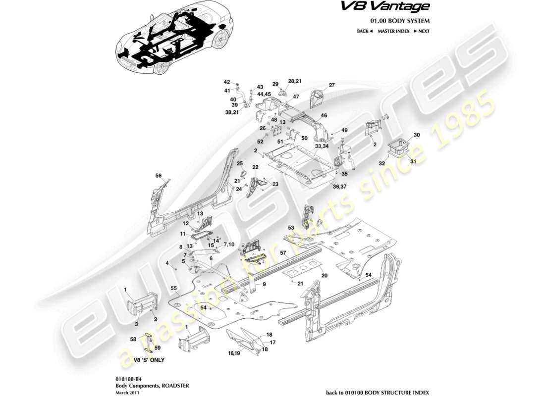 aston martin v8 vantage (2015) body components, roadster part diagram