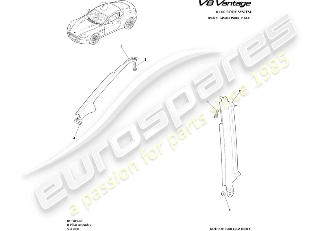 aston martin v8 vantage (2011) b pillar assembly part diagram