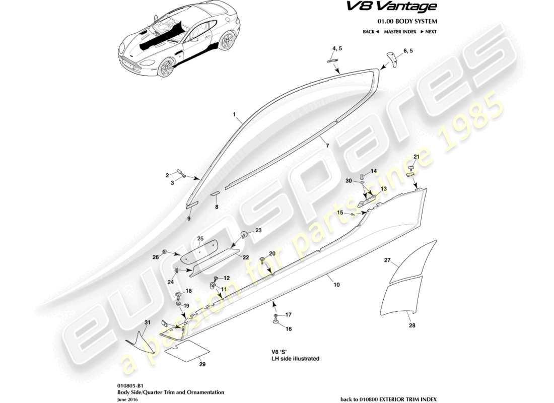aston martin v8 vantage (2012) bodyside & quarter trim, coupe part diagram