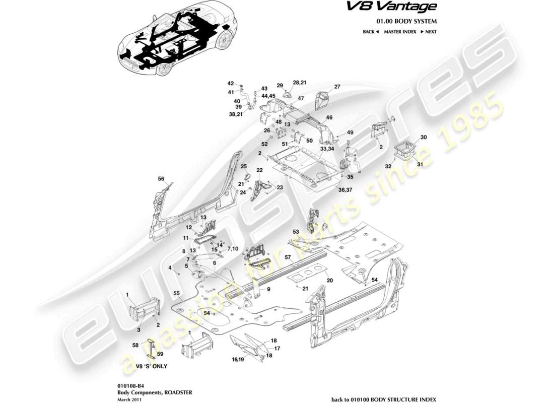 aston martin v8 vantage (2012) body components, roadster part diagram