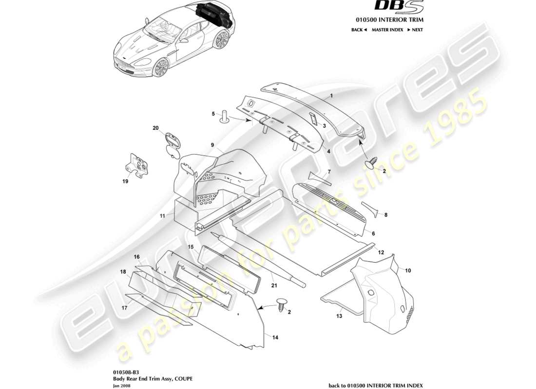 aston martin dbs (2012) rear end trim, coupe part diagram