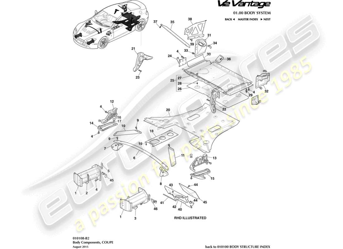 aston martin v12 vantage (2010) body components, coupe part diagram