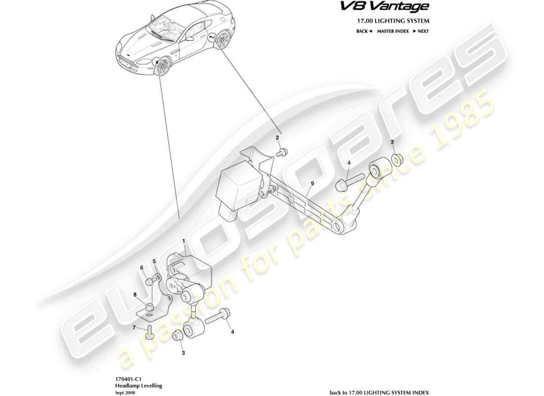 aston martin v8 vantage (2012) headlamp leveling part diagram