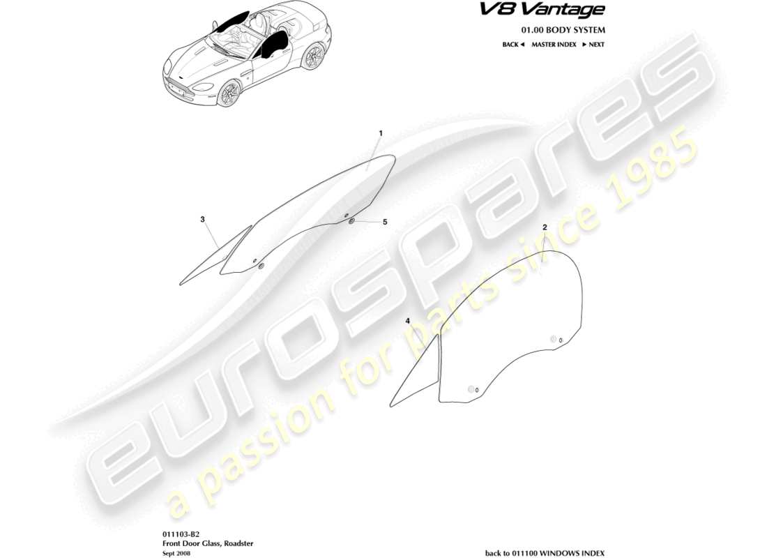 aston martin v8 vantage (2017) door glass, roadster part diagram