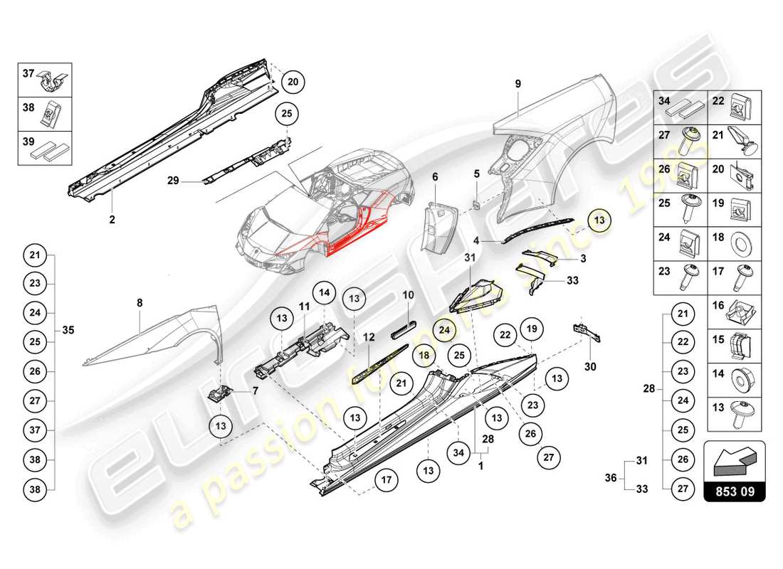 lamborghini tecnica (2023) lower external side member for wheel housing parts diagram