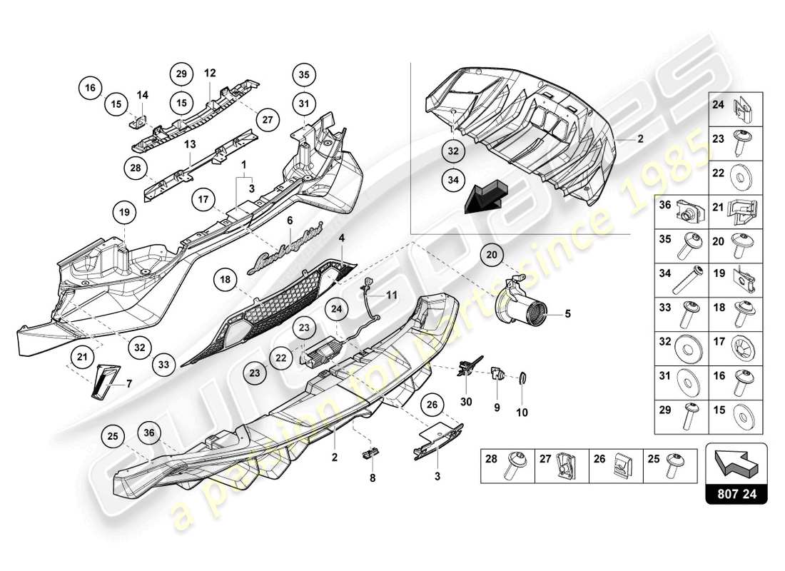 lamborghini ultimae roadster (2022) bumper, complete rear parts diagram