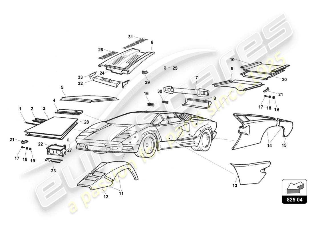 a part diagram from the lamborghini countach 25th anniversary (1989) parts catalogue