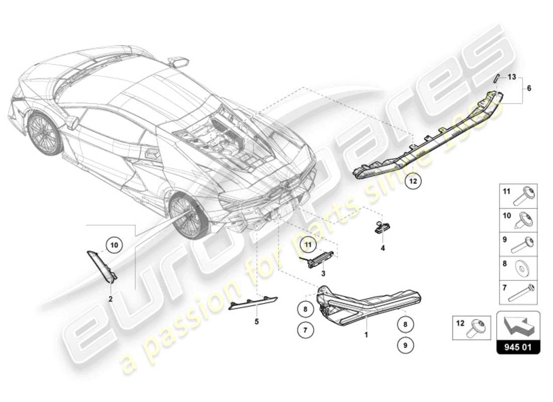 lamborghini revuelto coupe (2024) tail lights with turn signal, brake and tail lights, reflector parts diagram