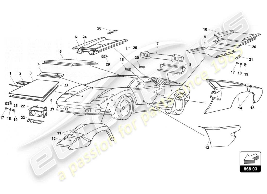a part diagram from the lamborghini countach parts catalogue
