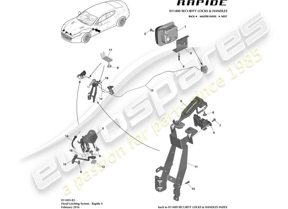 aston martin rapide (2017) hood latch system, s part diagram