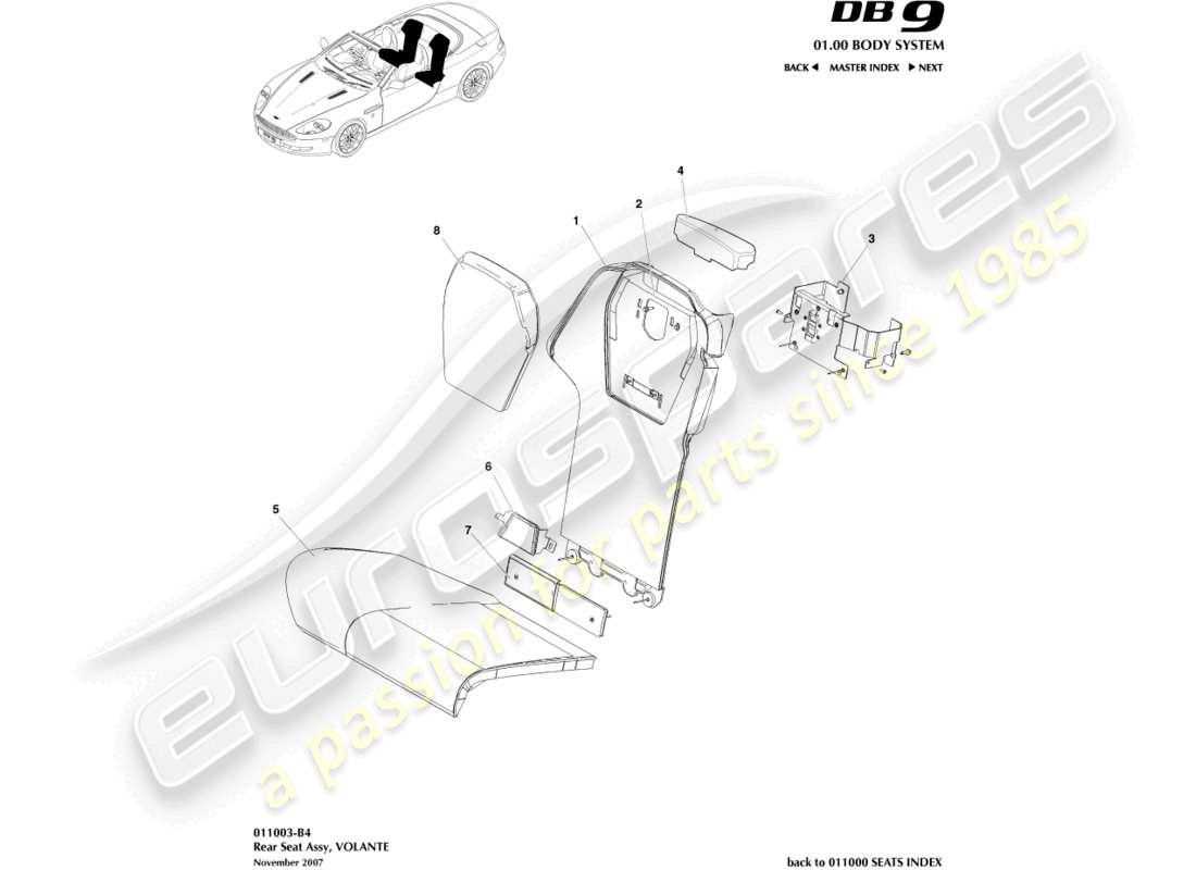 aston martin db9 (2007) rear seat, volante part diagram