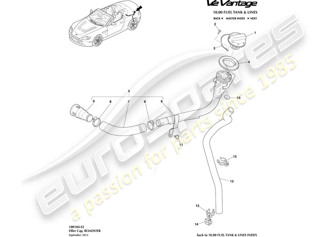 aston martin v12 vantage (2010) fuel filler, roadster part diagram