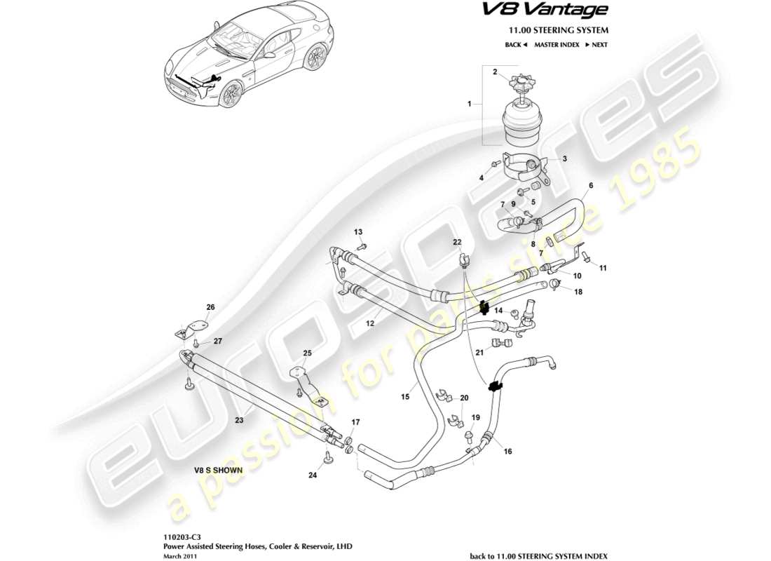 aston martin v8 vantage (2012) cooler, hoses & reservoir, lhd part diagram