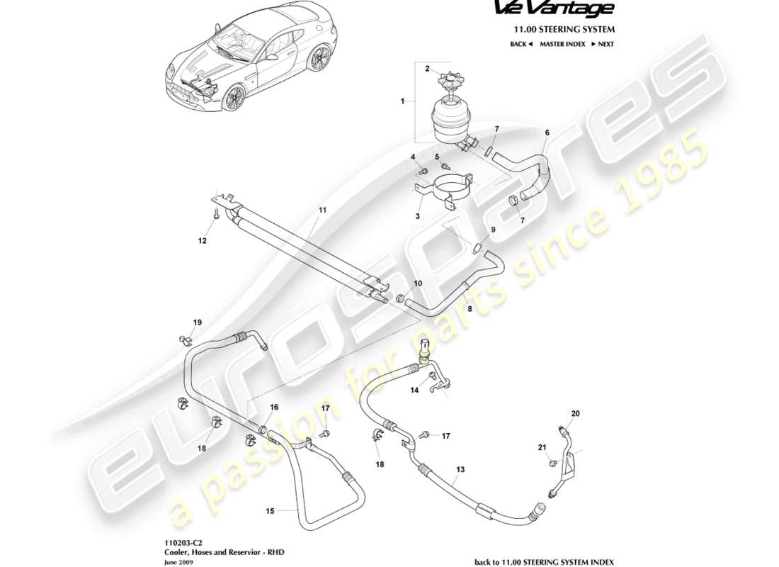 aston martin v12 vantage (2010) cooler, hoses & reservoir, rhd part diagram