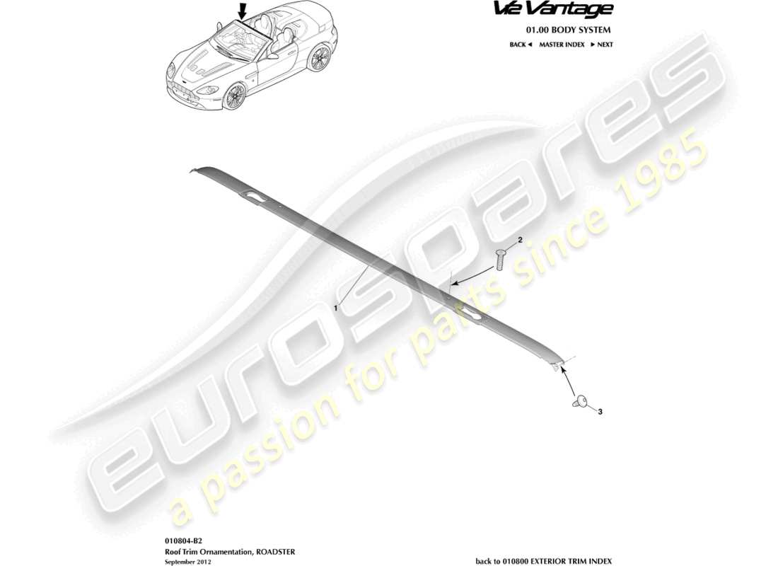 aston martin v12 vantage (2010) roof trim, roadster part diagram